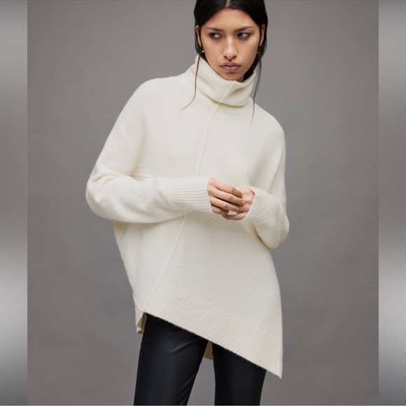 All Saints Sweaters - Allsaints Lock Roll Neck asymmetrical alpaca merino wool mockneck sweater ivory